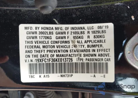 2019 Honda Civic Ex z USA, uszkodzony, nr VIN 19XFC1F36KE013726